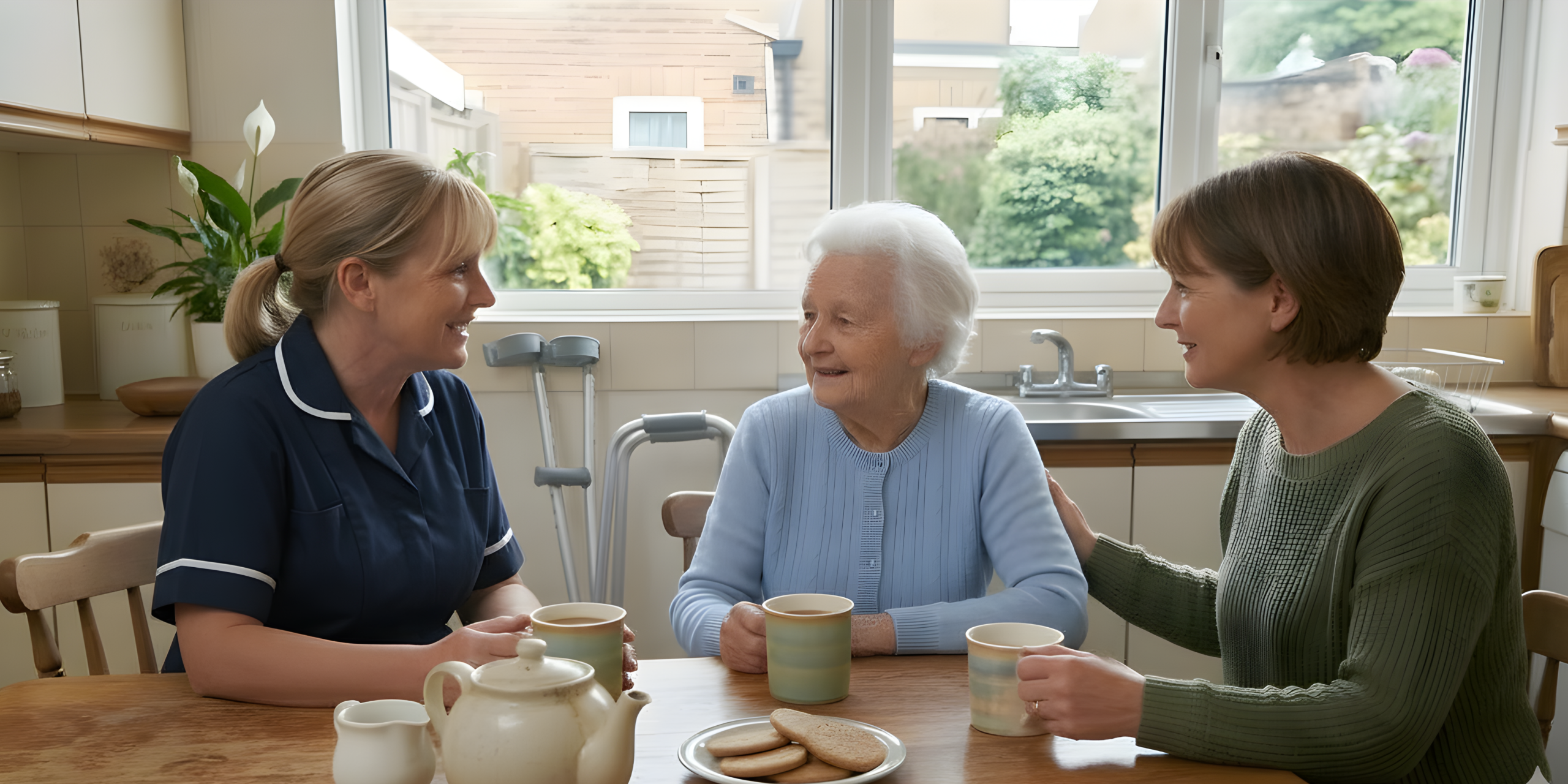 carer speaking with client and her daughter in the client's kitchen, enjoying a cup of tea in the afternoon.